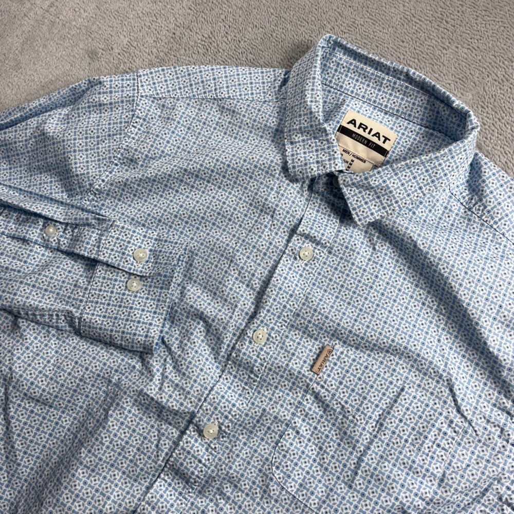 Ariat Modern Fit Mens Blue White Geometric Print Long Sleeve Button Down Shirt M